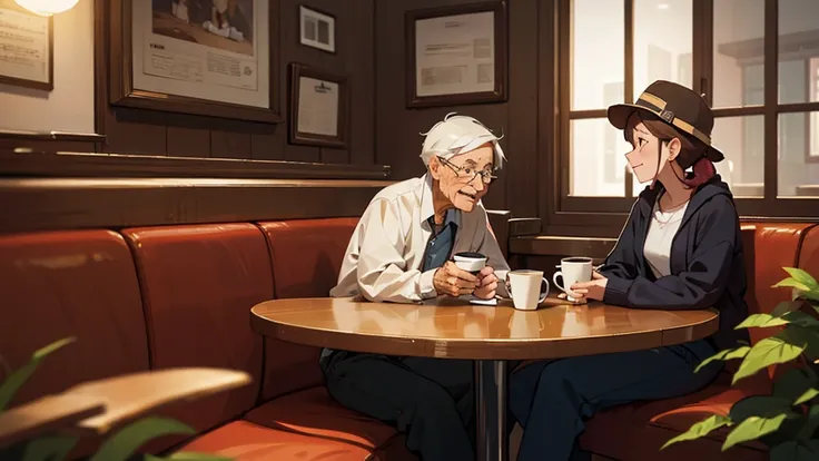 An elderly couple talking together at a coffee shop