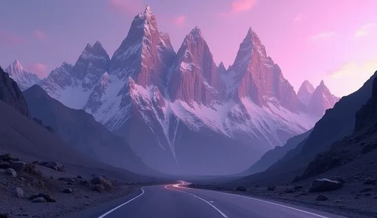 "The magnificent Passu Cones at twilight, with their sharp, jagged peaks glowing in soft purple hues, a winding Karakoram Highway in the foreground, ultra-detailed and cinematic."

