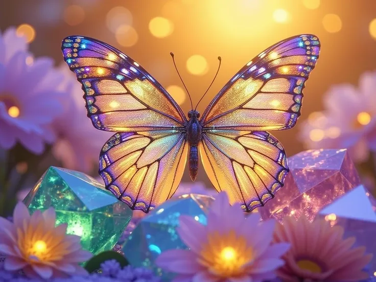 highly detailed 128K image, we are immersed in a delicate scene featuring vibrant, jewel-toned colors. The focal point is a majestic butterfly with iridescent, translucent wings adorned with shimmering gemstones and intricate golden patterns. The butterfly...