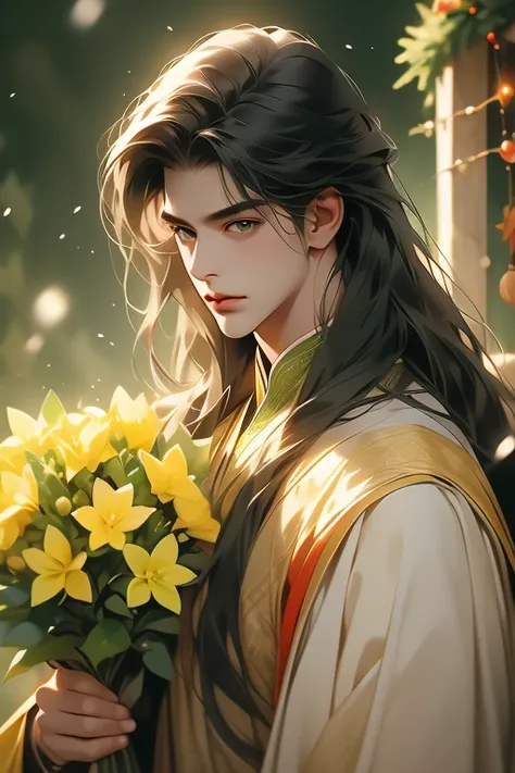 handsome masculine man, green eyes, ash black hair, shoulder length long hair, green medieval noble clothes, light skin, Christmas trees background ,  holding a beautiful bouquet of yellow and red flowers.