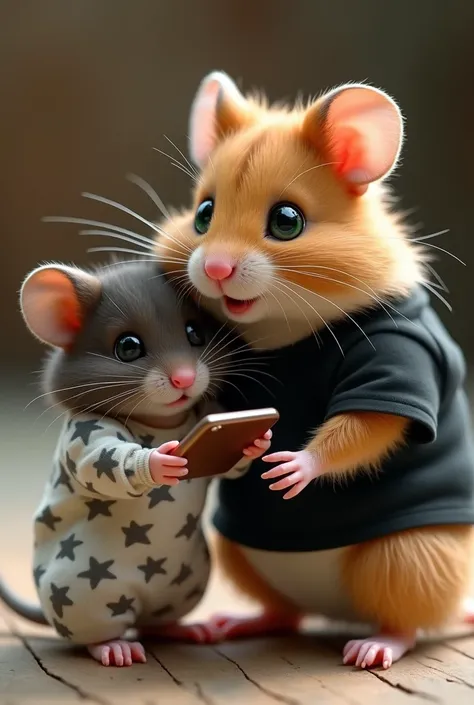 2 hamster,  a small dark brown with green brown big eyes , Long eyelashes, A pair of pajamas with white and gray stars ,  the other hamster dark blond big green gray eyes with a black T-shirt there is security on it he has a cell phone in his hand and scre...