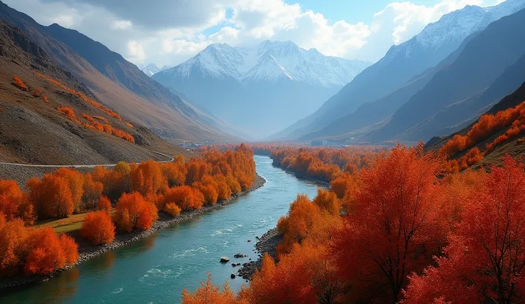 "Aerial view of Hunza Valley during autumn, showcasing vibrant orange and red foliage, the Hunza River winding through the valley, with the towering Karakoram Range in the background, hyper-realistic."

