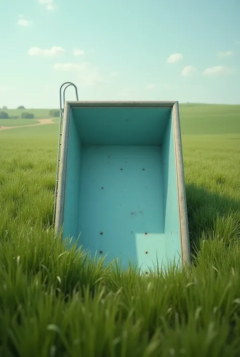 Photo of an empty pool container placed vertically on the grass