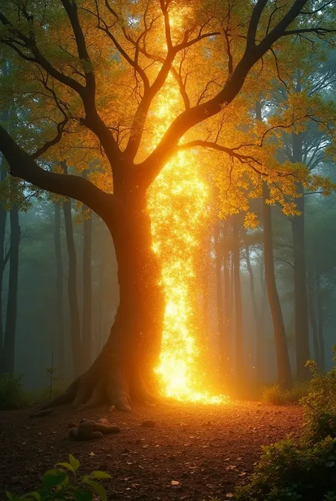 A brilliant explosion of golden light erupts from the tree’s core, scattering the shadows and dissolving the mist. The forest begins to transform—green leaves sprout, flowers bloom, and sunlight breaks through the canopy. The tree crumbles into ash.