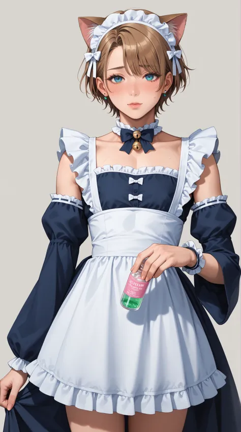 Takamizawa Rui, home tutor, crossdressing male character, cat-eared maid outfit, semi-animalistic features, feminine appearance, fragile body condition, drug-affected state, crossdressing boy, emotionally detailed costume design, slightly insecure expressi...