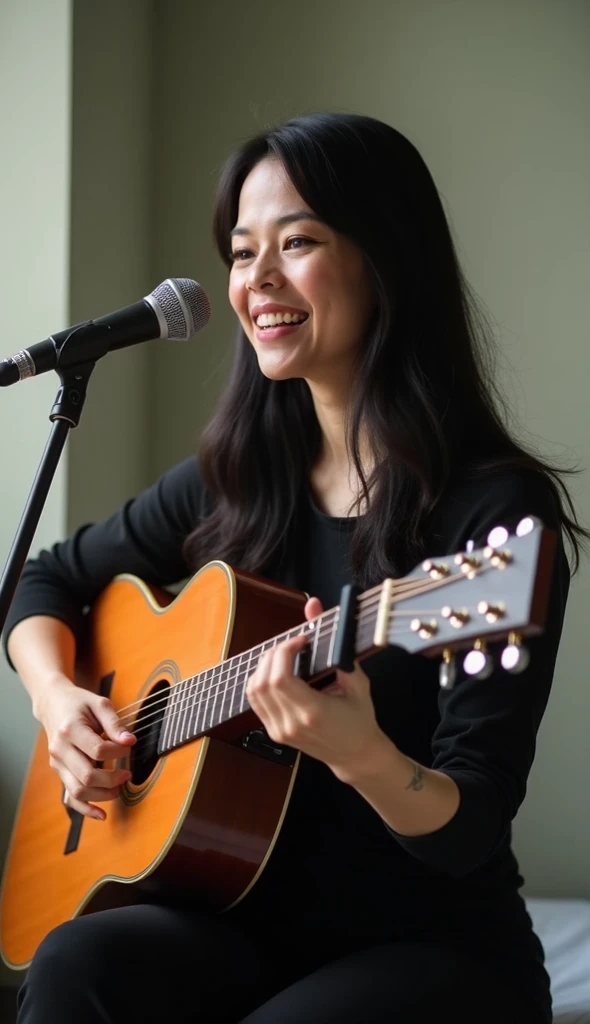 "Maintain character consistency based on the uploaded photo. Create an image of her playing the guitar and singing. She has Indonesian-Chinese features, with long black hair. The image should be in a realistic contemporary style. Use a Canon EOS R5 Mark II...