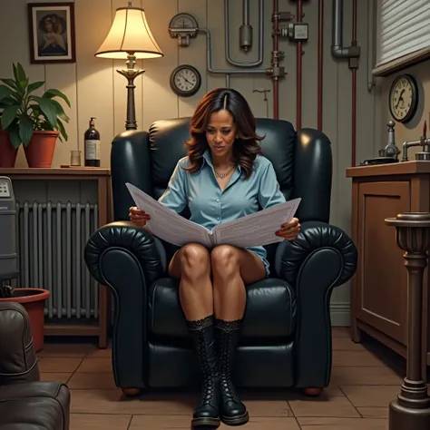 A Kamala Harris wearing just a old light blue workmens shirt, black lace front trimmed leg openings panties,Doc Marten black leather boots in a makeshift living room, kitchen, and bedroom space, reading a large thick boiler maintenance system manual . The ...