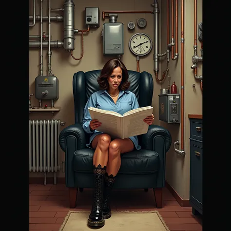 A Kamala Harris wearing just a old light blue workmens shirt, black lace front trimmed leg openings panties,Doc Marten black leather boots in a makeshift living room, kitchen, and bedroom space, reading a large thick boiler maintenance system manual . The ...