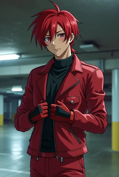  Takaru senpai wearing a red leather jacket and red leather pants and leather gloves in the style of Japanese anime from the 2000s(Gender: Male、A 22-year-old with red hair and a Yankee-style hairstyle ) puts his hands in a leather jacket in an underground ...