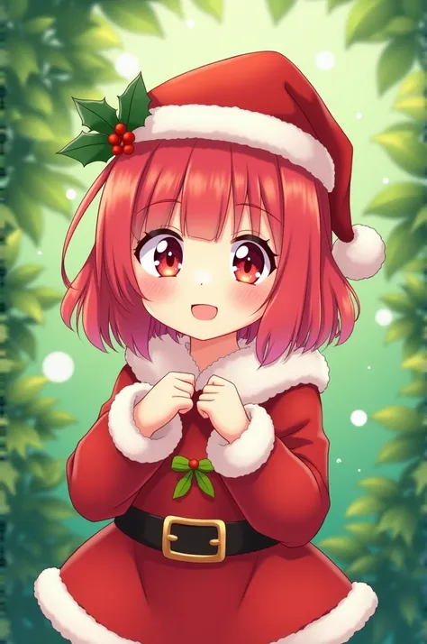 Cute little Anime , Bangs red, Christmast outfit, Green background