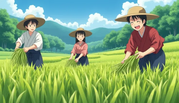 Japanese folk tales, hakama are planting rice with a bright expression in the rice paddies, excited,  Yan Photo, Farmers wearing , With a natural look, With a slightly tired look, Tilt your face slightly, Diagonal orientation, Average face