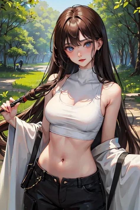 
最 high image quality, masterpiece, 4K,  high image quality,  super high res,  of the prairie , CG drawing（ one cool adult female swordsman） Hair、Brown Hair、 Hairstyle、、 straight and straight 。Of the lower back、Just 、まっすぐ伸ば is 。Long hair、Center part。Tall、 ...