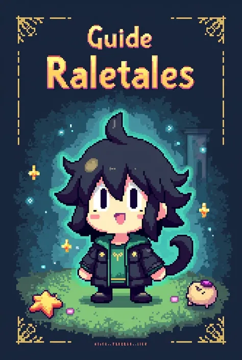 A cover for a pixelated book with undertale and cute effects and with the title Guide RaleTales and in the background play Ralsei from Deltarune wearing green clothes and black skin