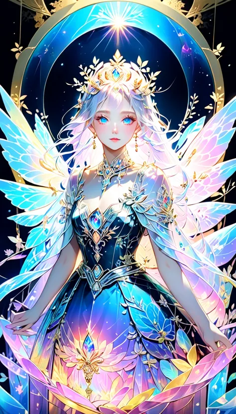  man and woman facing each other。Pyroxene Fairy 。 Beautiful, mysterious, and majestic standing figure 。 Fairy Queen born from diamonds 。 Translucent hair that lets through light 。 Multicolored eyes that change color like an aurora 。。 Delicate and exquisite...