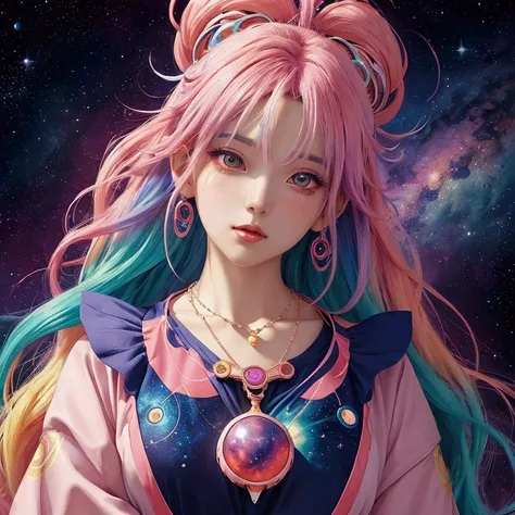 Close-up of a woman with  colorful  hair and necklace, Anime girl with space hair,  rosdraw soft vibrancy, Gouviz style artwork , Fantasy art style,  colorful ], Vivid Fantasy Style ,  rossenergetic cartoon , cosmic and  colorful , Guwayiz,  colorful  digi...