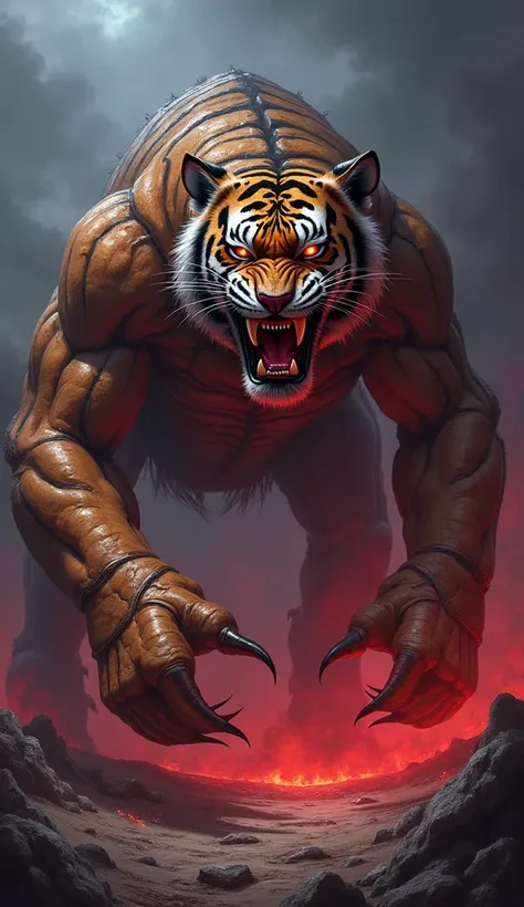 "Design a terrifying hybrid creature with the body of a scorpion and the head of a tiger, seamlessly blending the features of both animals. The tiger’s head is ferocious, with sharp teeth bared, glowing eyes, and a snarling expression. The scorpion body is...