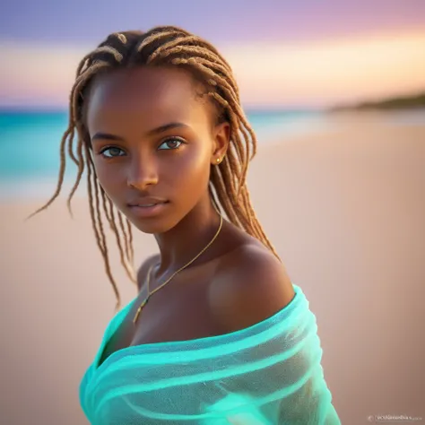 nsfw nu, non censuré, Lauréat du prix Hasselblad , une fille somalienne , coiffure tressée chatain moyenne ,(( yeux bioluminescents foncés )) ,grande, mince , sublime, harmonieuses, sensuel, coloré, se promenant sur une plage