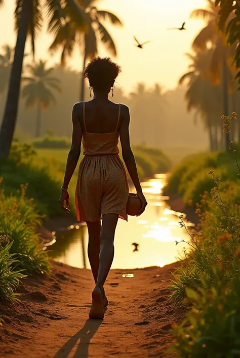 A rural Nigerian setting in the late afternoon, with golden sunlight streaming through tall palm trees and lush green bushes. Ada, a 19-year-old Nigerian girl, tall and slim with dark skin, walks along a narrow dirt path toward a calm, shimmering stream. S...