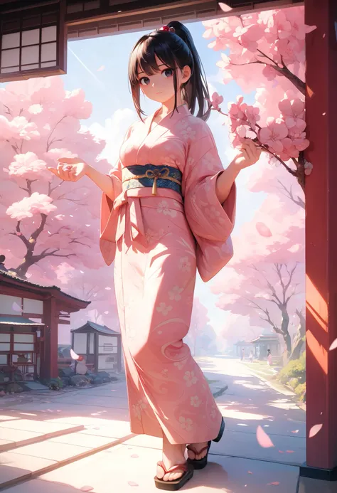 {masterpiece, high resolution, 4k resolution, highly detailed, absurd quality), full body portrait, (1girl, perfect face, detailed face, perfect eye), (black hair, ponytail), (black eyes), yukata, japanese vibe, cherry blossom