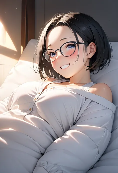 RAWphoto,photorealistic,8k16k,best quality,perfect anatomy,perfect detailed,ultra highres, extremely detailed eyes and face,gleaming skin,shiny skin,1girl,Japanese,black short hair,pixie cut, (wearing glasses:1.3),(parted bangs,forehead:1.2),round face,med...