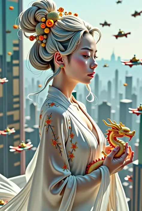 "Portrait of an East Asian woman with light silver hair and an ancient Chinese bun adorned with flowers. She wears a thin, flowing white traditional dress with intricate embroidery and holds a cute golden ancient dragon gently against her chest. The backgr...