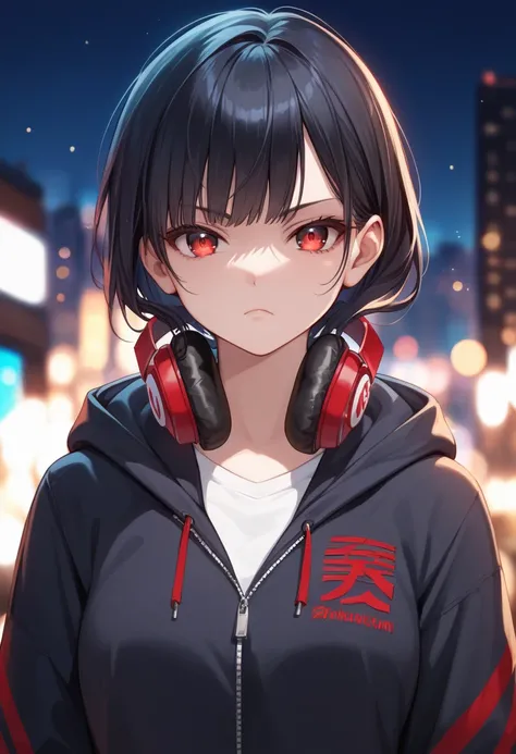 (Source_anime), 1 girl, long black hair with bangs, hoodie, headphones around neck, city background night time, red eyes, anime, serious expression, eyes glowing slightly, slight bokeh background, 