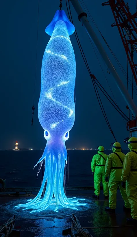 A hyper-realistic photograph of a massive, bioluminescent squid with swirling patterns of electric blue and violet light across its smooth, semi-transparent skin. The squid hangs lifelessly from a crane on a South Korean fishing vessel, its tentacles dripp...