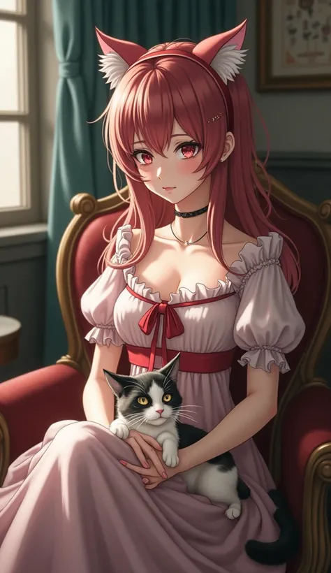 there is a woman sitting on a chair with a cat on her lap, anime girl cosplay, ayaka cosplay, cosplay, anime cosplay, publicity cosplay, professional cosplay, rena nounen style 3/4, anime girl in real life, ( ( misa amane # ) ), rei hiroe, realistic cospla...