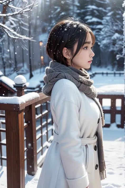 (8k, RAW photo, photorealistic, HQ, masterpiece), a cute Japanese girl,(glowing eyes), (profile:1.4), from side, 
(), brown hair, fluffy Pixie Bob hair, large breasts, curvy, (Stylish winter outfits, Scarf, coat, long skirt), 
standing pose, Seductive pose...