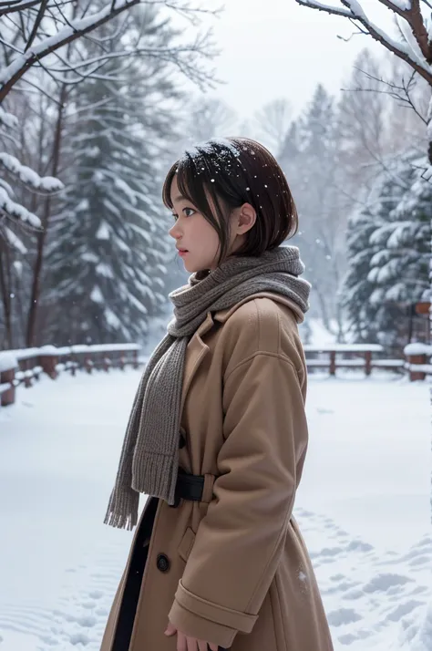 (8k, RAW photo, photorealistic, HQ, masterpiece), a cute Japanese girl,(glowing eyes), (profile:1.4), from side, 
(), brown hair, fluffy Pixie Bob hair, large breasts, curvy, (Stylish winter outfits, Scarf, coat, long skirt), 
standing pose, Seductive pose...