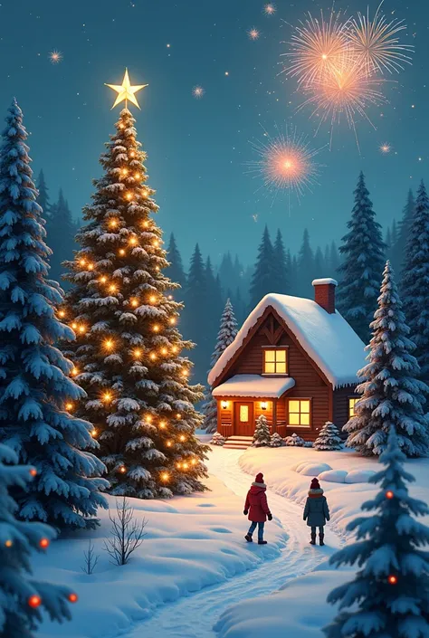 

1. " Create a cozy winter scene with a decorated Christmas tree.  In the center is a house with burning lights ,  around snow trees and happy ren , playing in the snow .  The sky glows with fireworks .  The atmosphere is festive and warm ."





