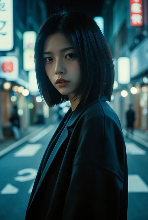 A striking full-body portrait of a short-haired woman with expressive features, exuding a sense of mystery and depth. Her hair is styled in a sleek bob, and she wears a modern, minimalist outfit. The backdrop tells a story: a city street at night, with glo...