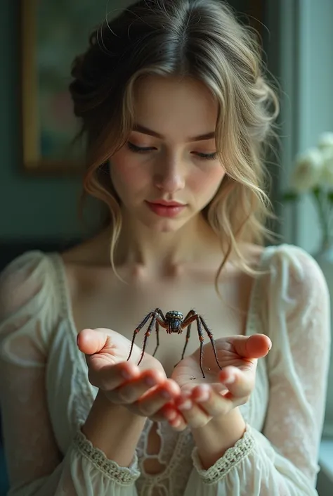 Beautiful woman with a spider in her arms 