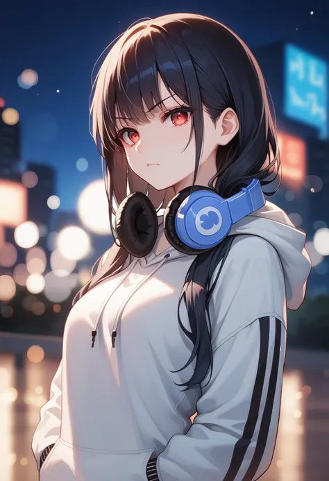 (Source_anime), 1 girl, long black hair with bangs, hoodie, headphones around neck, city background night time, red eyes, anime, serious expression, eyes glowing slightly, slight bokeh background, standing 