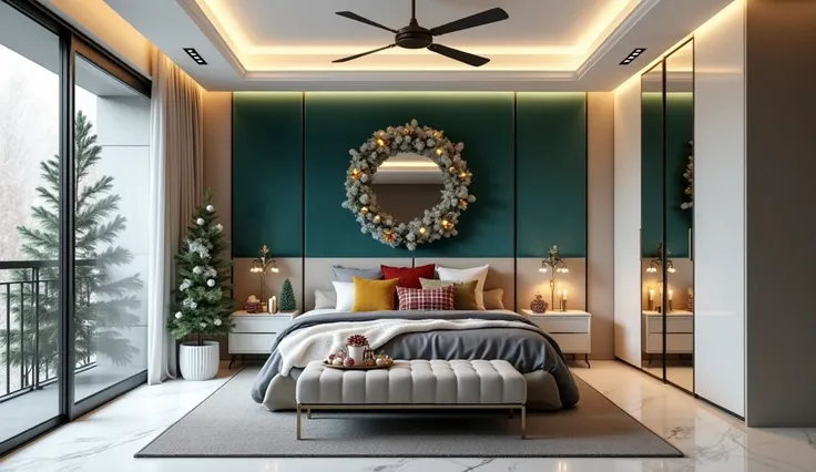 Design a luxurious modern bedroom with festive Christmas touches while maintaining elegance and functionality. The centerpiece remains a king-sized bed with plush gray bedding, now adorned with Christmas-themed accent cushions in gold, red, and plaid. Add ...