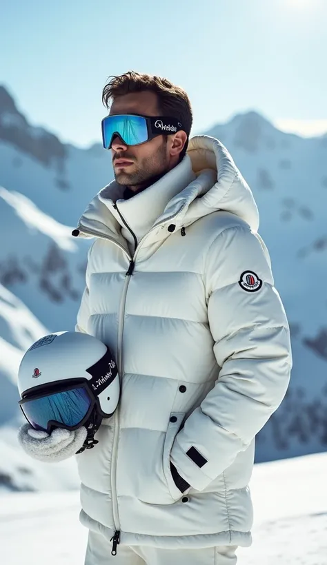 A striking winter-themed fashion portrait of a man standing amidst a dramatic alpine landscape with snow-covered mountains in the background. He is dressed in a luxurious white padded puffer jacket with subtle quilting details, exuding warmth and sophistic...