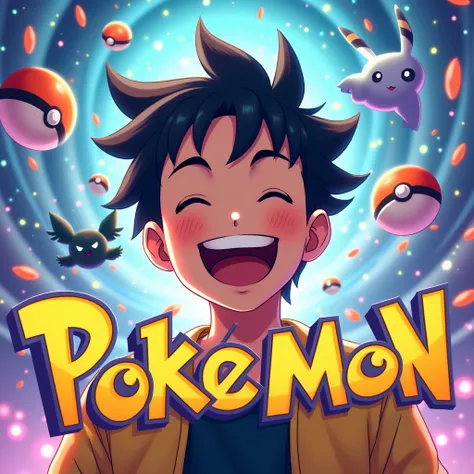 Picture of a black hair man laughing with writing "pokemon" with pokemon ambiance