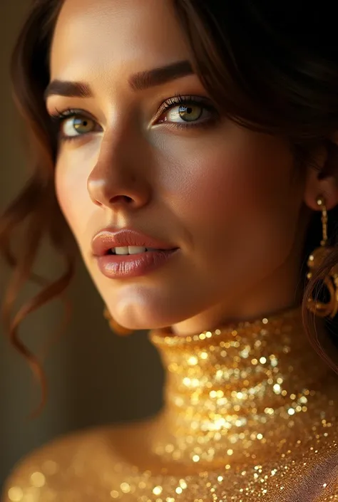 A close-up portrait of a woman wearing a dazzling gold glitter turtleneck dress. The high neckline adds a touch of elegance and sophistication, while the glittering fabric catches the light, creating a radiant and glamorous effect. The focus is on the intr...