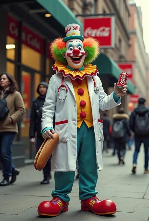  Create an image of a doctor dressed as a clown buying a hot dog and a Coca-Cola in front of a bank,  with a text that says  " Well here goes the bonus "