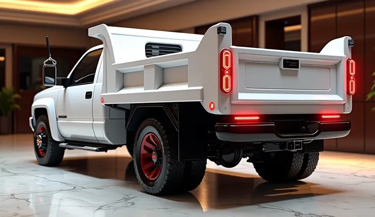 "A rear view of a 1995 Chevrolet C3500 Dump Truck showcasing its iconic dumper design in a glossy hash white finish. The back dumper is prominently displayed, featuring rugged steel panels and functional hydraulic mechanisms that emphasize its practicality...