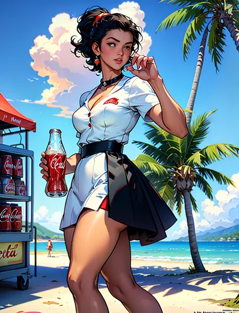 coca cola advert real magic as always five cents, in Hawaii Lahaina, in inspired by Dorothy Coke, coka-cola advertisement, drinking a bottle of coca-cola, soda themed girl, retro poster, retro ad, film noir realistic, in style of digital illustration, prom...