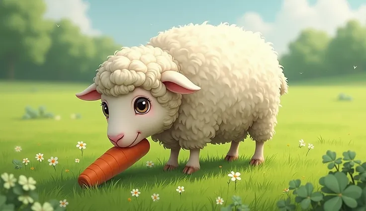 I need a realistic drawing of a sheep eating carrot on a green field with clovers on the ground