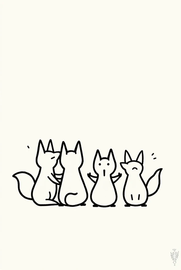  Use 4 foxes to draw an image suitable for a firefighter. I want it to be simple, with only lines and black and white, like Maison Kitsune.