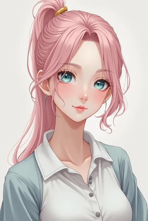 A beautiful  with light pink hair tied into a ponytail. Her eyes are light blue. She wears a long sleeved polo. Realistic.