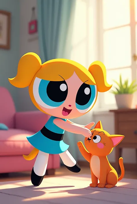 Powerpuff bubbles playing with a cat 