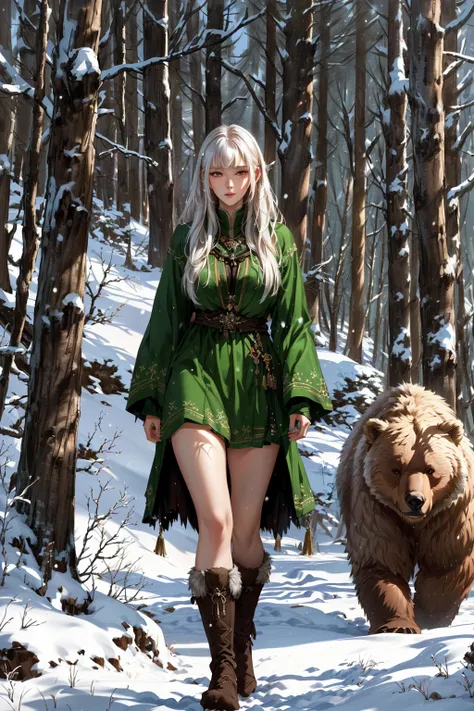  theres a woman standing next to a big bear in the snow, Giant Bear-Human Hybrid ,  Realistic Fantasy Illustrations, Furry fantasy art ,  Slavic folklore fairy tale , Elegant digital painting by Igor Grabar,  by Alexander Charsky,  by Andrei Ryabushkin , i...