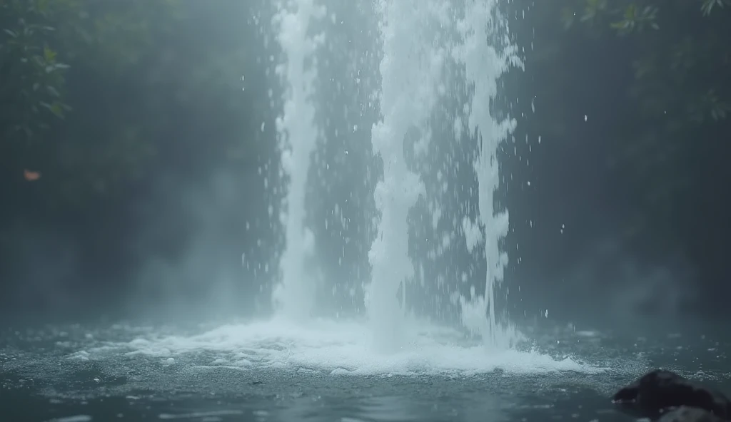 "A realistic waterfall pouring down into a small pool, captured as a single frozen moment, with every droplet in focus, set against a solid soft gray background, cinematic."

