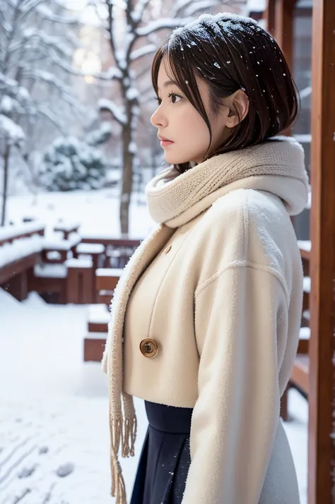 (8k, RAW photo, photorealistic, HQ, masterpiece), a cute Japanese girl,(glowing eyes), (profile:1.4), from side, look at sky, 
(), brown hair, fluffy Pixie Bob hair, large breasts, curvy, (Stylish winter outfits, Scarf, coat, long skirt), 
standing pose, S...