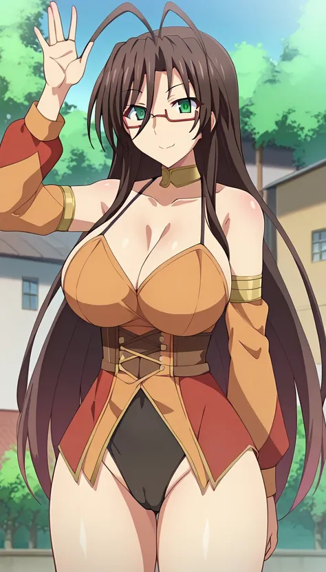 score_9、score_8_up、score_7_up、source_anime、長谷川Senri、 mature woman、 1 girl、smile、 brown hair 、Big Breasts、 green eyes、 hair like antennae 、 long hair、 half-rimless glasses 、Senri、Chest、Cameltoe、 looking at the viewer 、hdxd3x0rc1st0utf1t 、 hdxdexorcistoutfit...