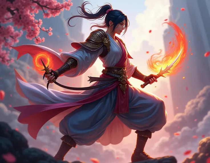 A heroic character named Akihiko, envisioned as the  of Fumiko and Li Bai from Heroes Evolved. He has an athletic build with sleek, slightly untamed hair blending dark shades and mystical elegance. His attire combines samurai armor and a flowing robe, feat...